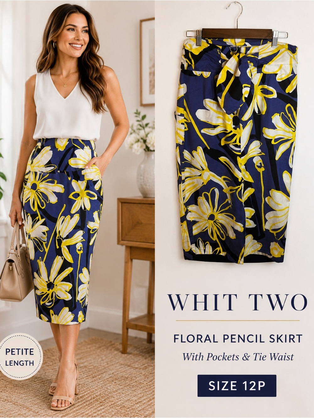WHIT TWO Floral Pencil Skirt Size 12P Blue Yellow White Pockets Anthropologie
